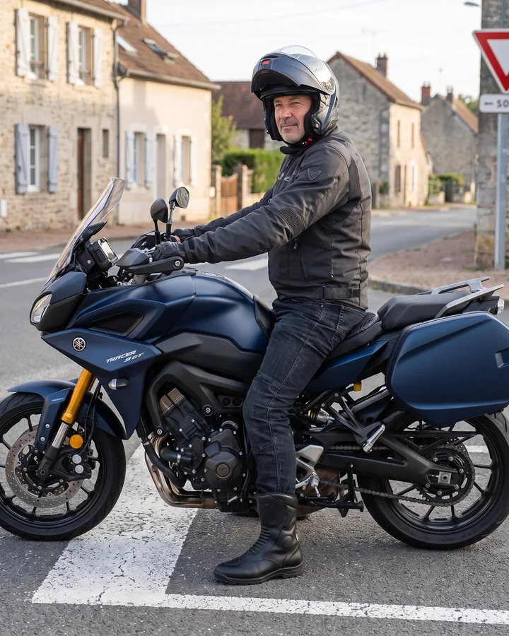 Motocyklista zatrzymany przy znaku stop, stopy płasko na ziemi, z poduszką SelleZen na kanapie
