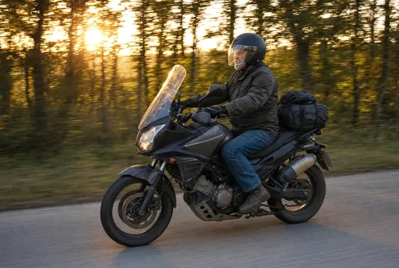 Motocyklista na objuczonym turystyku, długa droga o zachodzie słońca